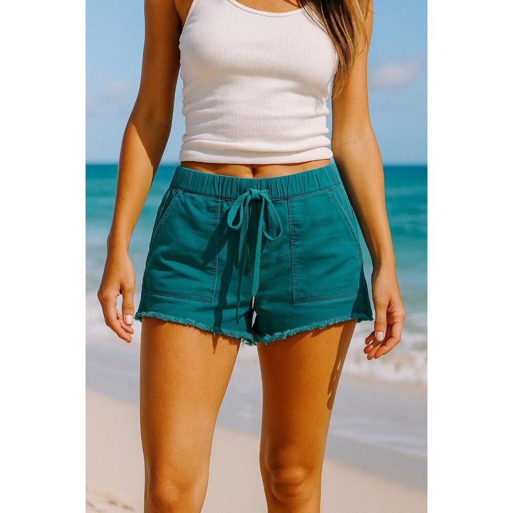 YMI Large  Dream High Rise Joggers Shorts with Tie Teal Blue